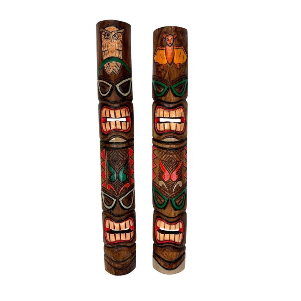 Set of 2 Tiki Mask Bat and Owl Totem Hand Carved Wall Decor Sculpture 40 Inch
